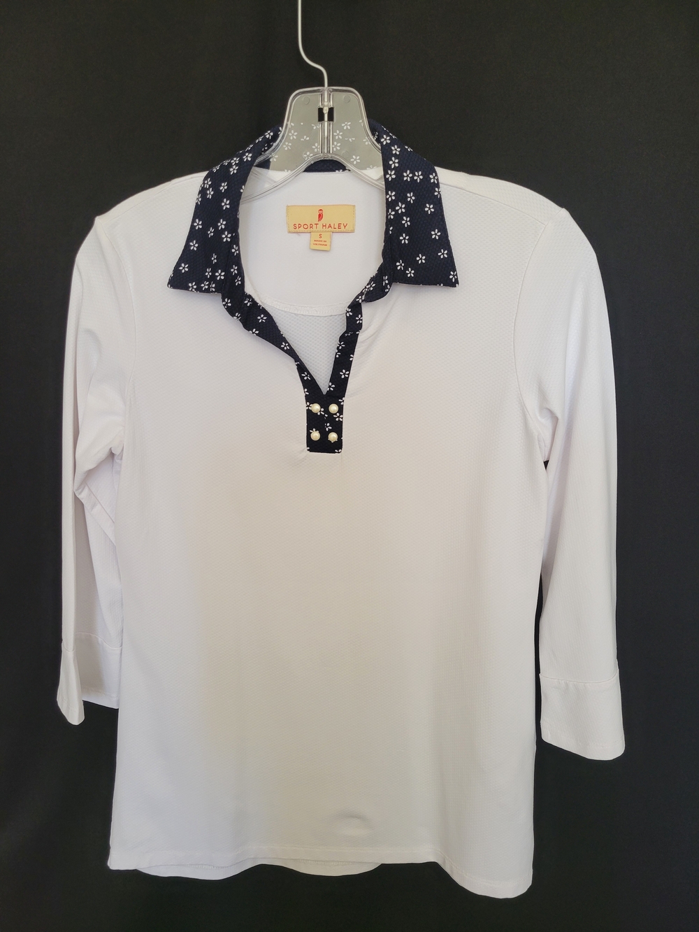 Sport Haley White Long Sleeve Polo with Navy Floral Collar